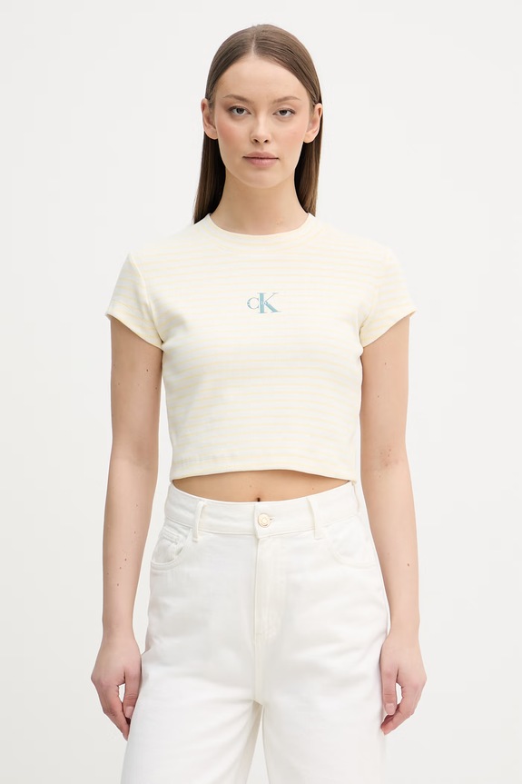 Calvin Klein Jeans crop top dámsky bavlnený s elastanom béžová LV047F833G