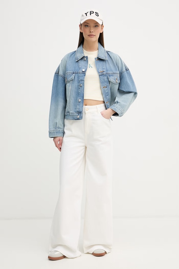 Calvin Klein Jeans crop top dámsky bavlnený s elastanom LV047F833G béžová SS26