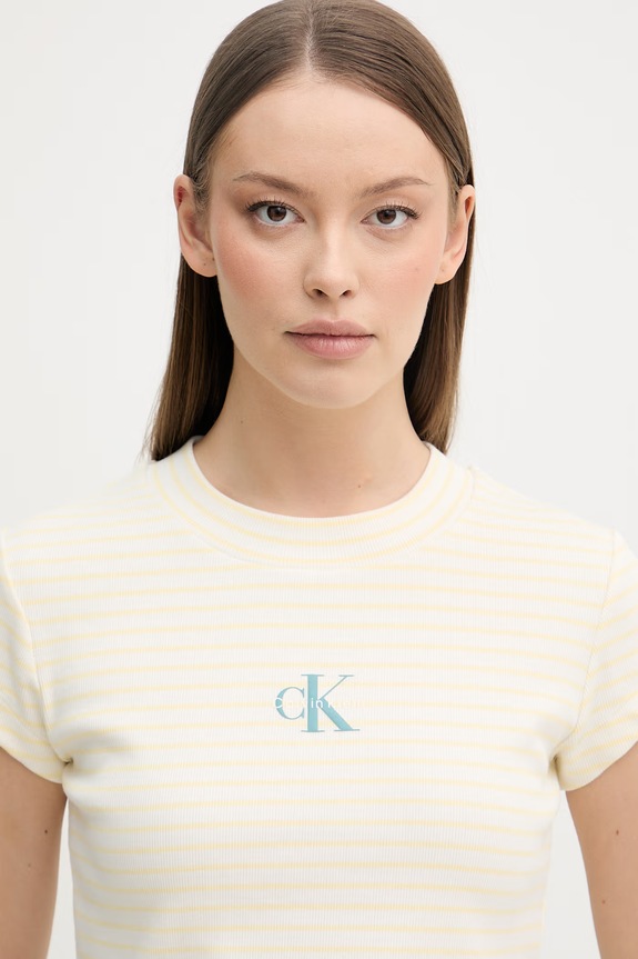 Calvin Klein Jeans crop top dámsky bavlnený s elastanom béžová LV047F833G