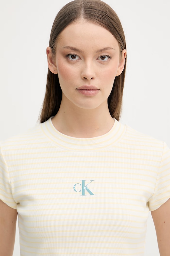 Calvin Klein Jeans crop top dámsky bavlnený s elastanom béžová LV047F833G