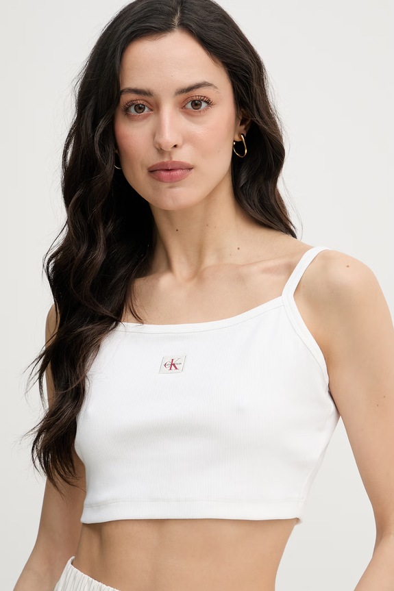 Calvin Klein Jeans crop top pentru femei, din bumbac cu elastan bej LV047F221G