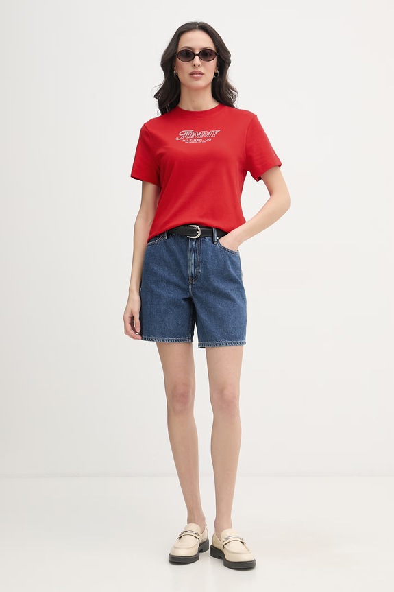 Tommy Hilfiger t-shirt damski bawełniany SUMMER WW0WW48707 czerwony SS26