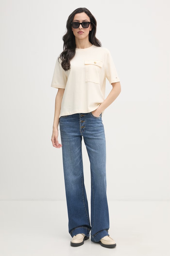Tommy Hilfiger t-shirt damski bawełniany WW0WW49249 beżowy SS26