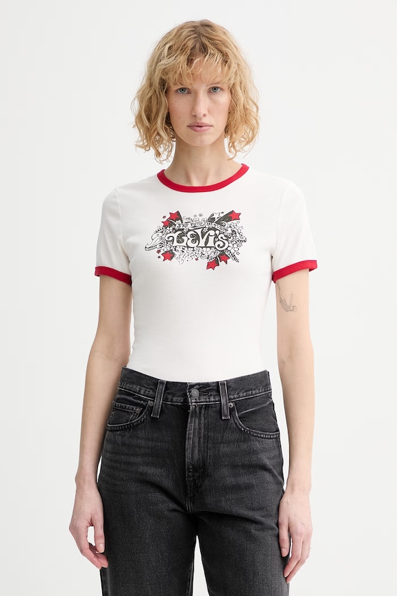 Βαμβακερό μπλουζάκι Levi's GRAPHIC RINGER RICKIE βαμβάκι μπεζ A3519.0058