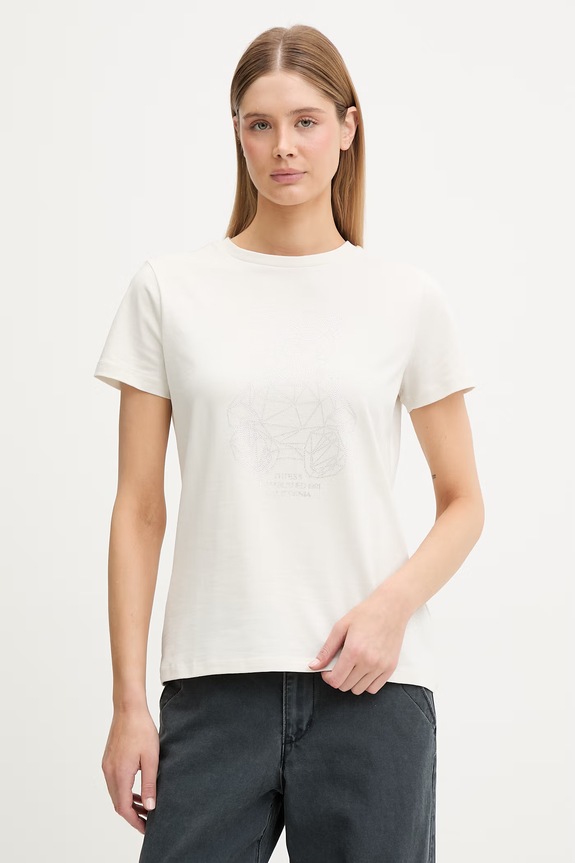 Guess T-shirt damski bawełniany z elastanem ROMY beżowy V6GI12.K3325