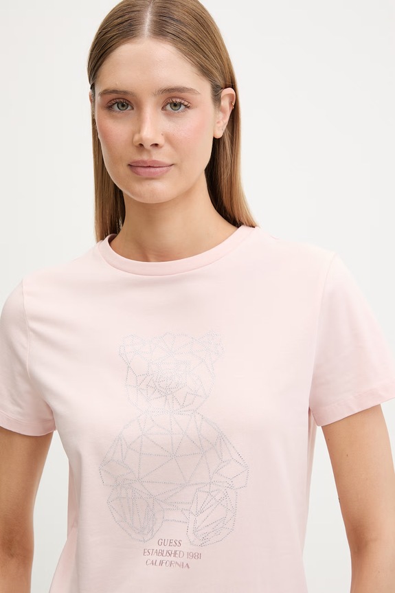 Guess T-shirt damski bawełniany z elastanem ROMY różowy V6GI12.K3325
