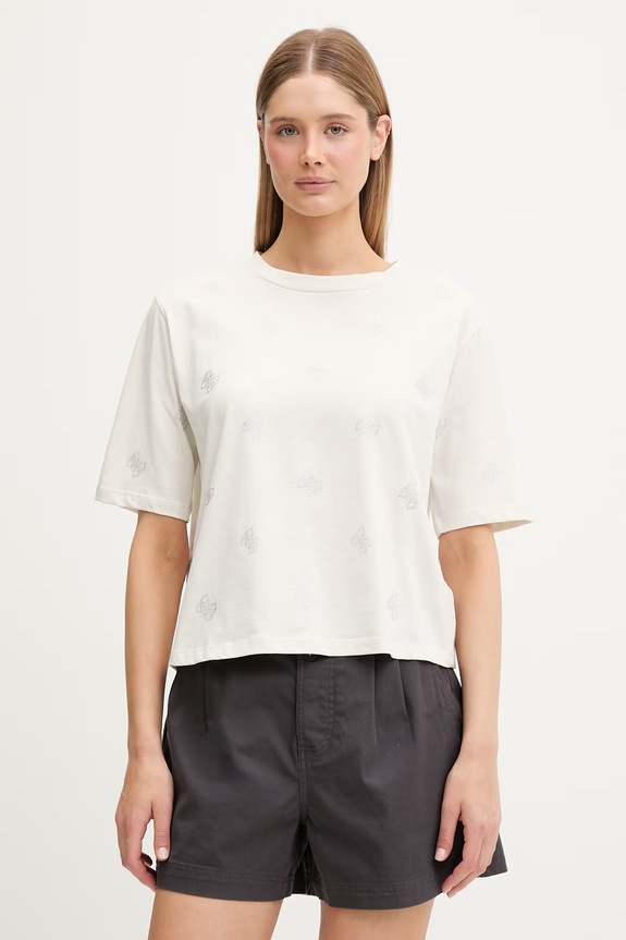 Guess T-shirt damski bawełniany SILVY beżowy V6GI18.K2985