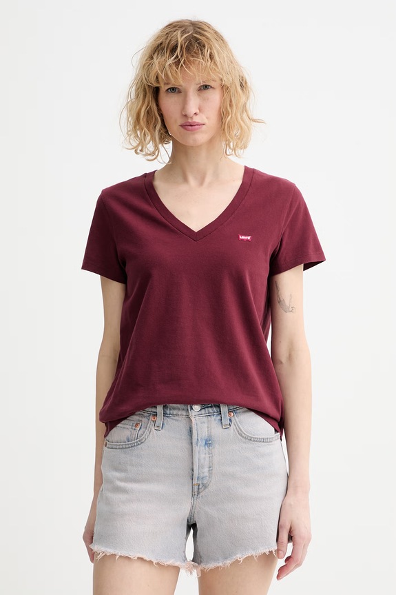 Bombažna kratka majica Levi's PERFECT VNECK Brez vzorca bordo 85341.0132