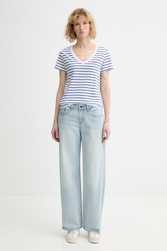 Levi's tricou din bumbac PERFECT VNECK 85341.0134 albastru SS26