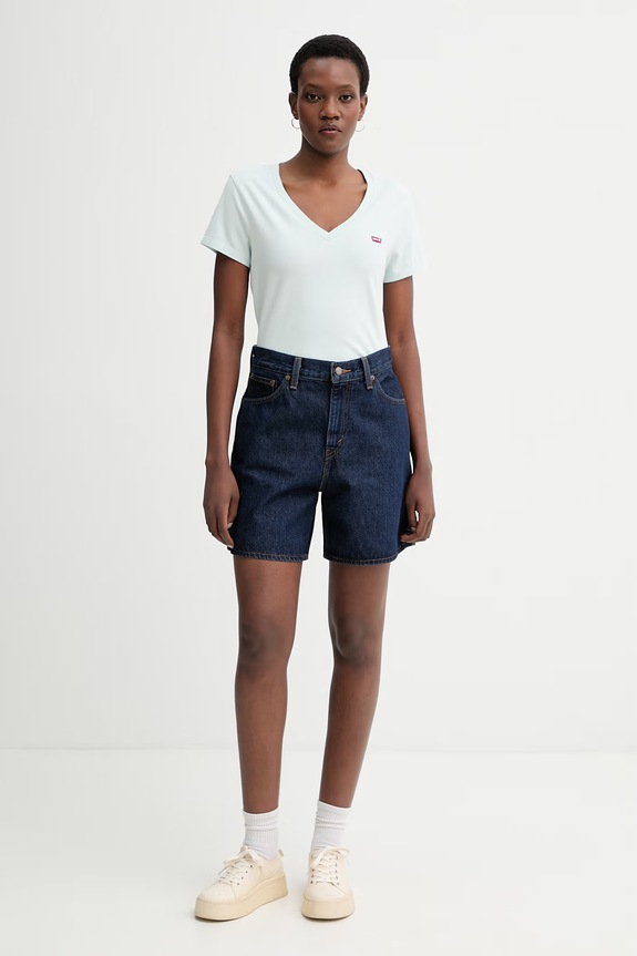 Bavlněné tričko Levi's PERFECT VNECK 85341.0139 tyrkysová SS26