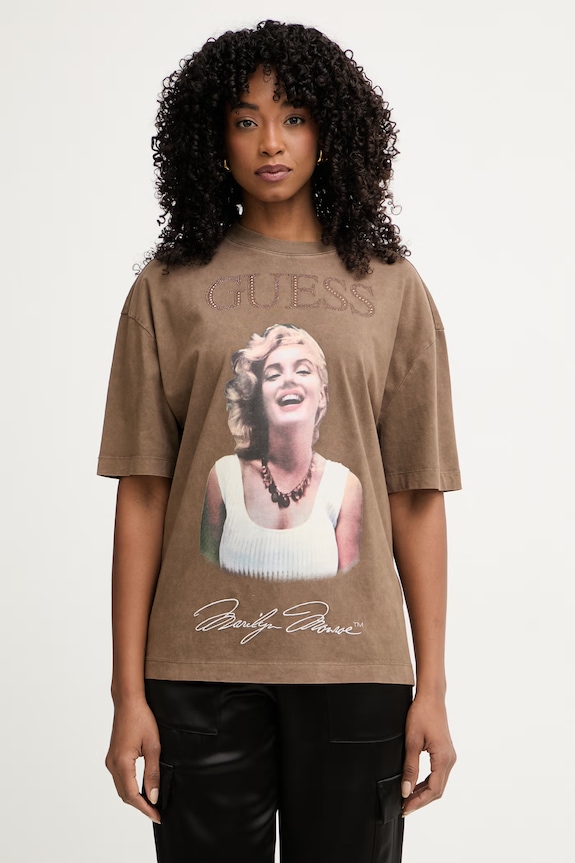 Guess oversize t-shirt γυναικείο βαμβακερό MARILYN MONROE καφέ W6BI52.K6659