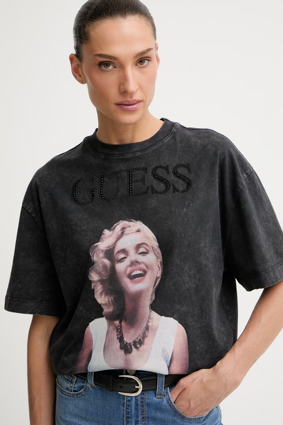 Guess T-shirt oversize damski bawełniany MARILYN MONROE czarny W6BI52.K6659