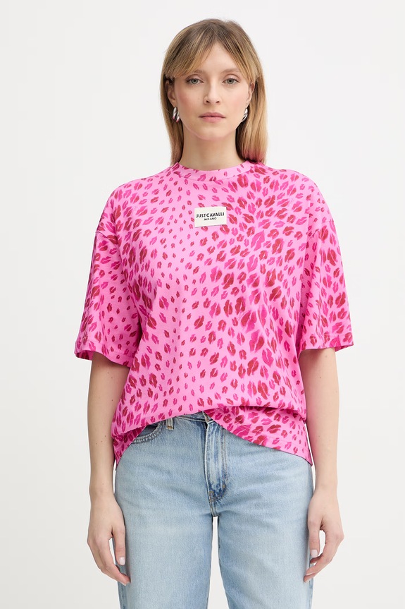 Just Cavalli t-shirt bawełniany wzorzyste różowy 80PAHE05.CJ110