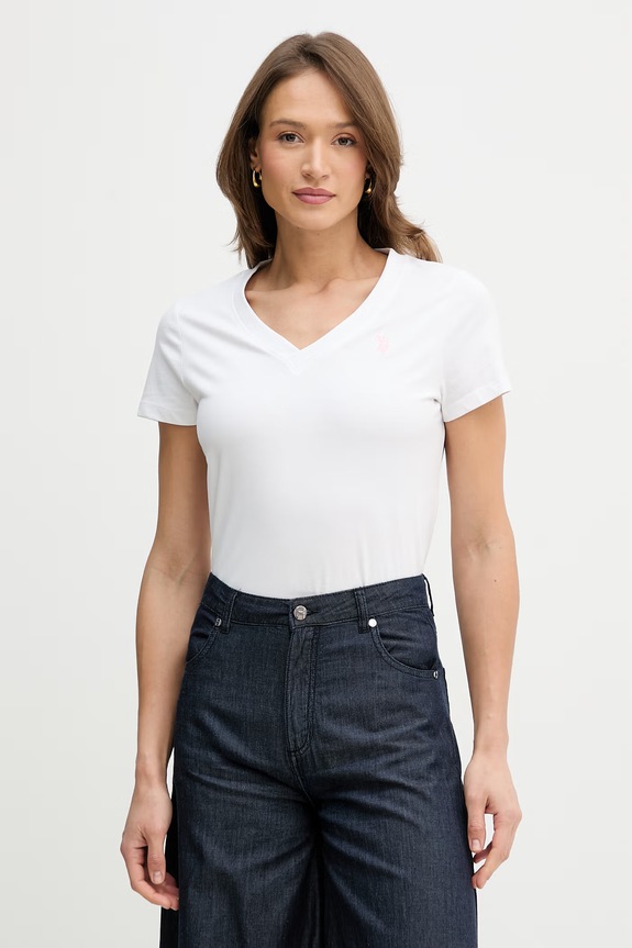 Pamučna majica U.S. Polo Assn. V-NECK bez uzorka bijela WUP0635