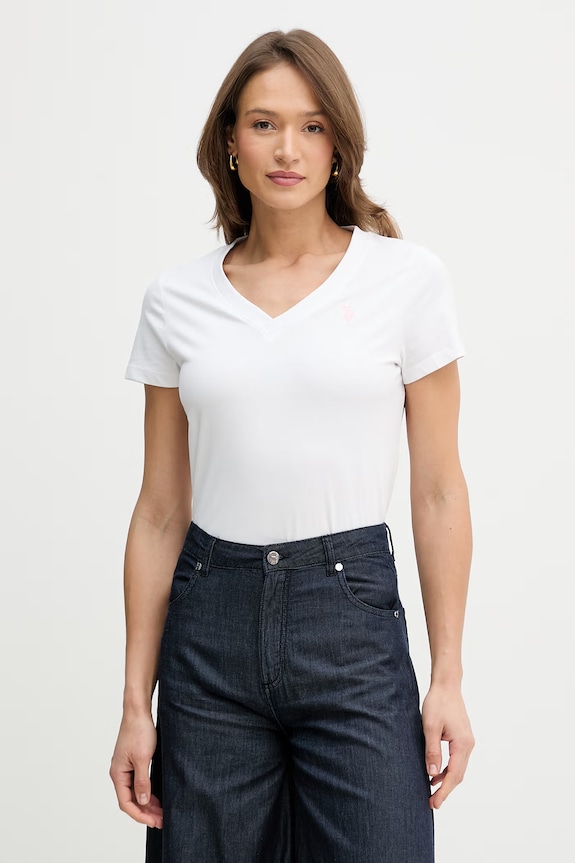 Pamučna majica U.S. Polo Assn. V-NECK bez uzorka bijela WUP0635