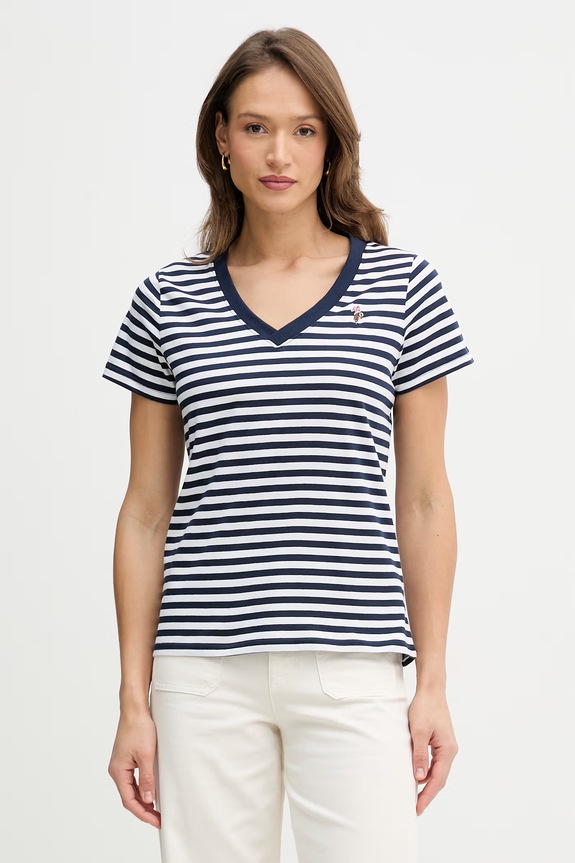 Bavlněné tričko U.S. Polo Assn. STRIPE V-NECK nášivka námořnická modř WUP1309