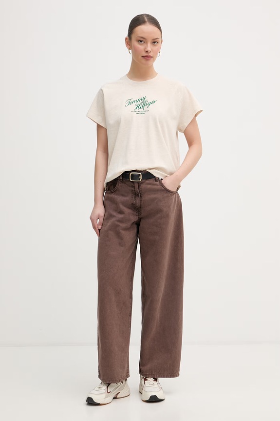 Tommy Hilfiger tričko dámske bavlnené WW0WW50787 béžová SS26