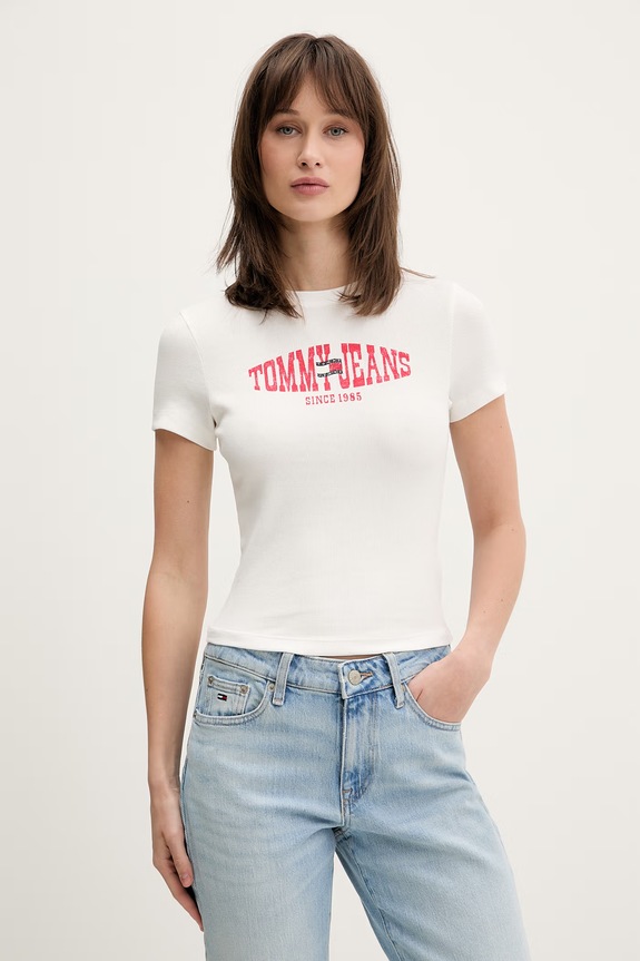 Tommy Jeans T-shirt damski z bawełną beżowy DW0DW22272