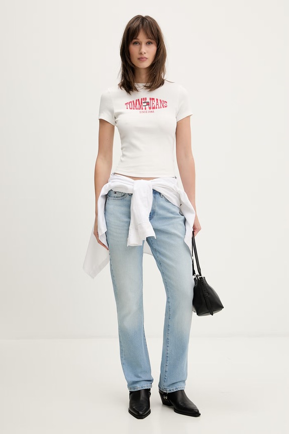 Tommy Jeans T-shirt damski z bawełną DW0DW22272 beżowy SS26