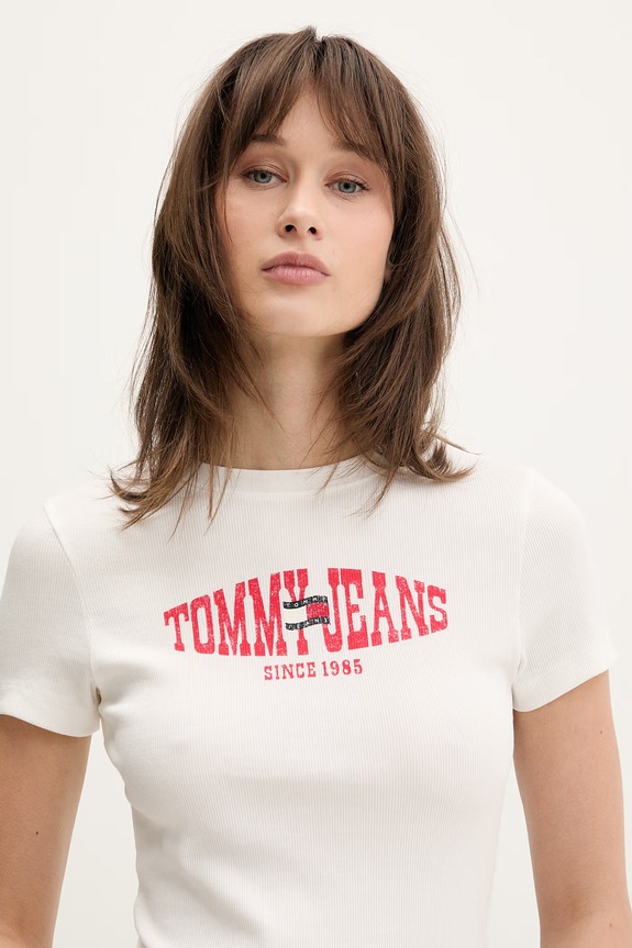 Tommy Jeans T-shirt damski z bawełną beżowy DW0DW22272