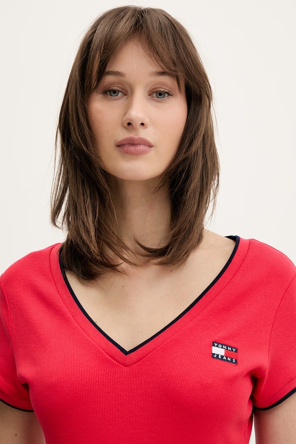 Tommy Jeans T-shirt damski bawełniany z elastanem czerwony DW0DW22275