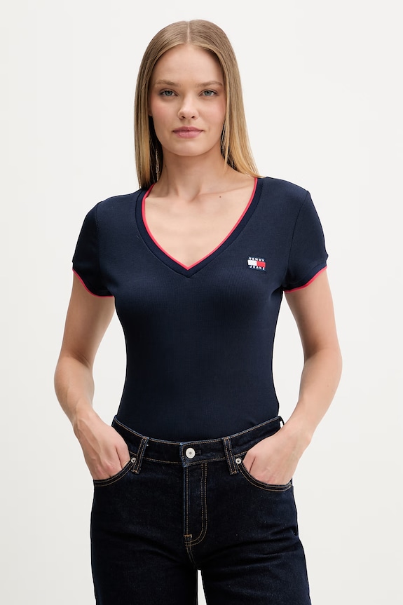 Tommy Jeans T-shirt damski bawełniany z elastanem granatowy DW0DW22275