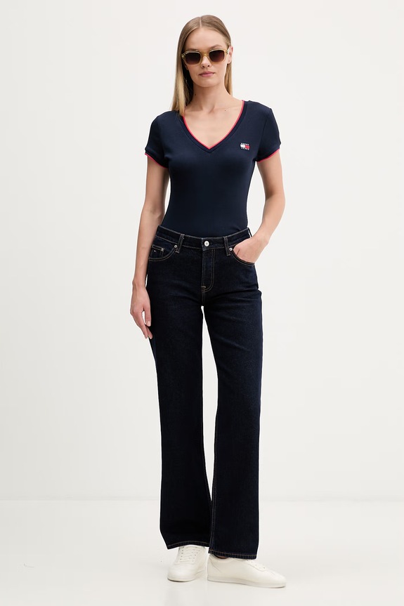 Tommy Jeans T-shirt damski bawełniany z elastanem DW0DW22275 granatowy SS26