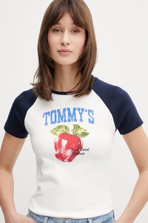 Tommy Jeans T-shirt damski bawełniany z elastanem beżowy DW0DW22303