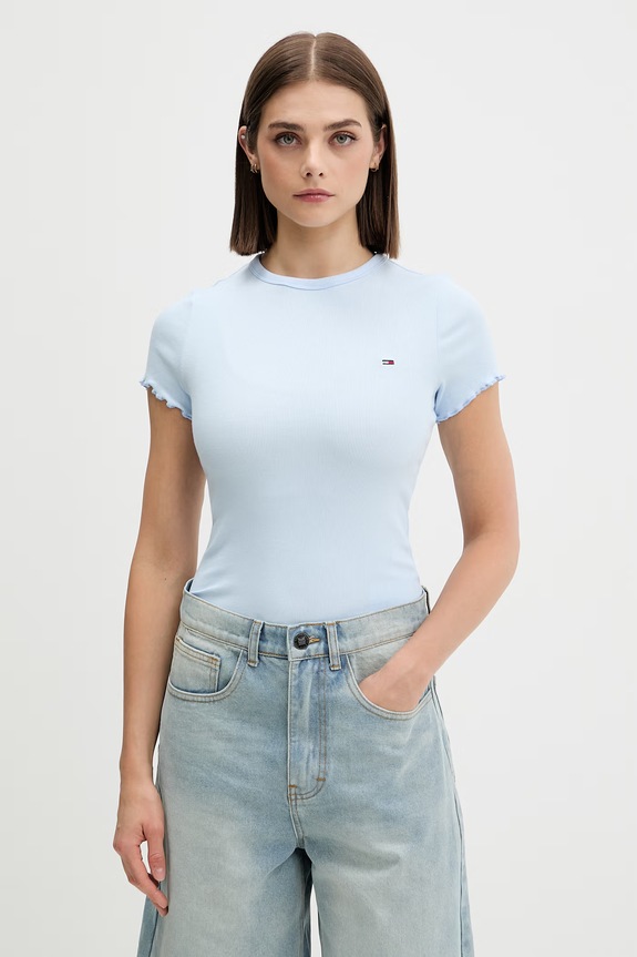 Tommy Jeans tricou pentru femei, din bumbac cu elastan albastru DW0DW22782