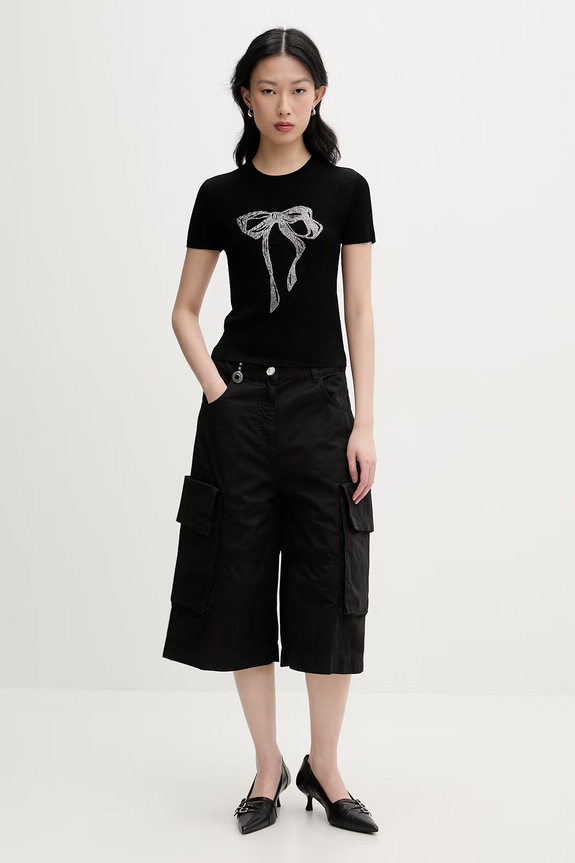 Miss Sixty tricou pentru femei, cu amestec de mătase 6M1RJ12600 negru SS26