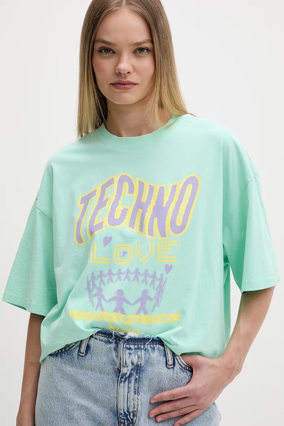HUGO Blue T-shirt damski bawełniany Oversized_Tee_B turkusowy 50560784