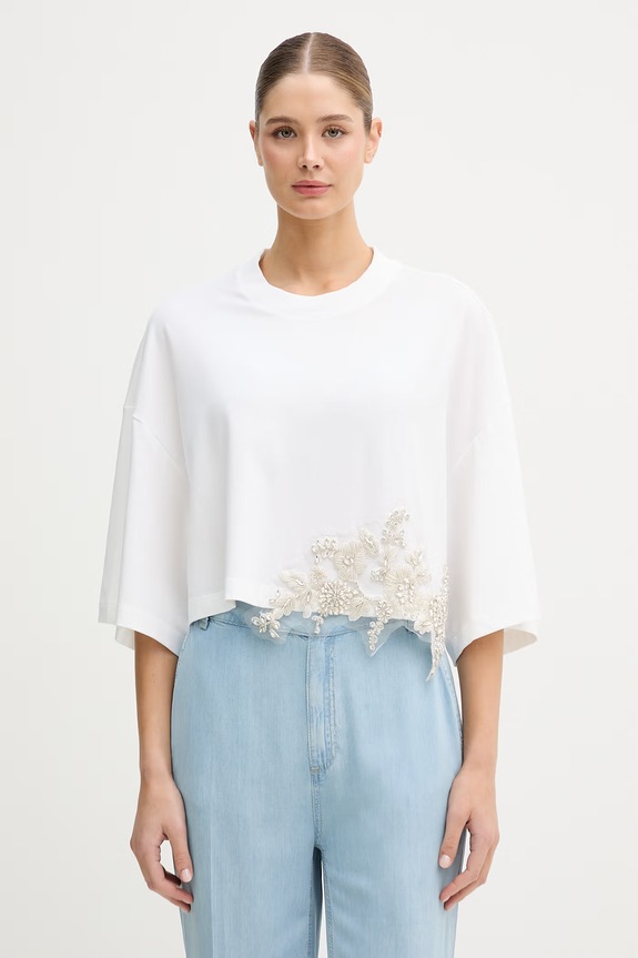 Blugirl Blumarine t-shirt damski bawełniany z elastanem biały RA6153.JS003