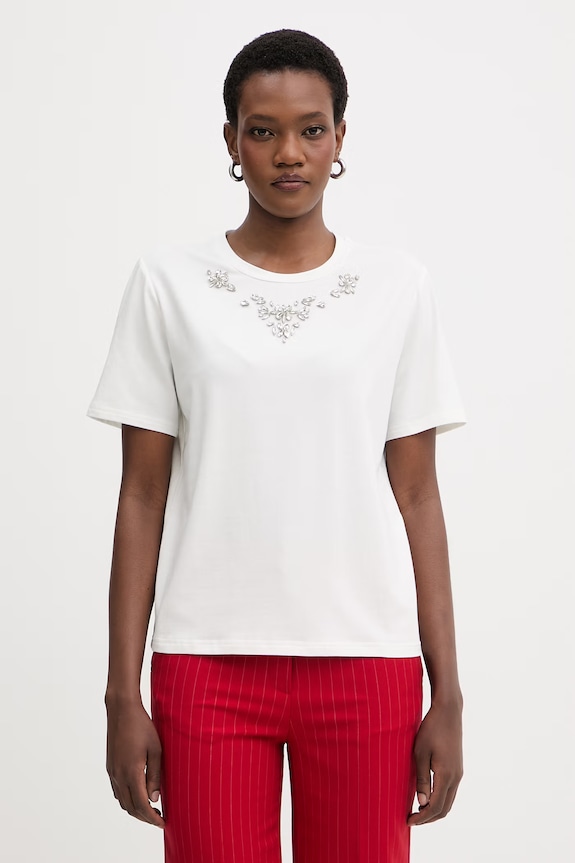 Morgan tricou pentru femei, din bumbac cu elastan alb DMARE