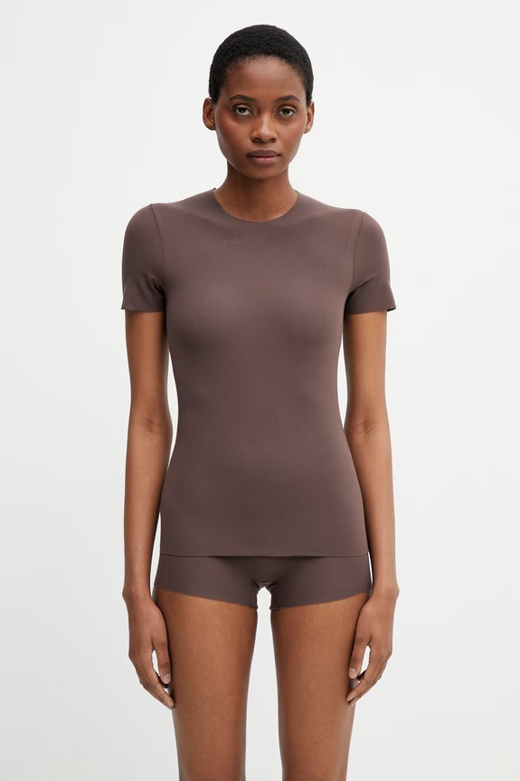 MM6 Maison Margiela tricou de lenjerie intimă de damă cu bumbac maro MKM300040