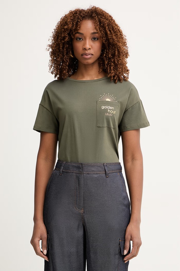 Liu Jo T-shirt damski bawełniany zielony VA6161.JS923