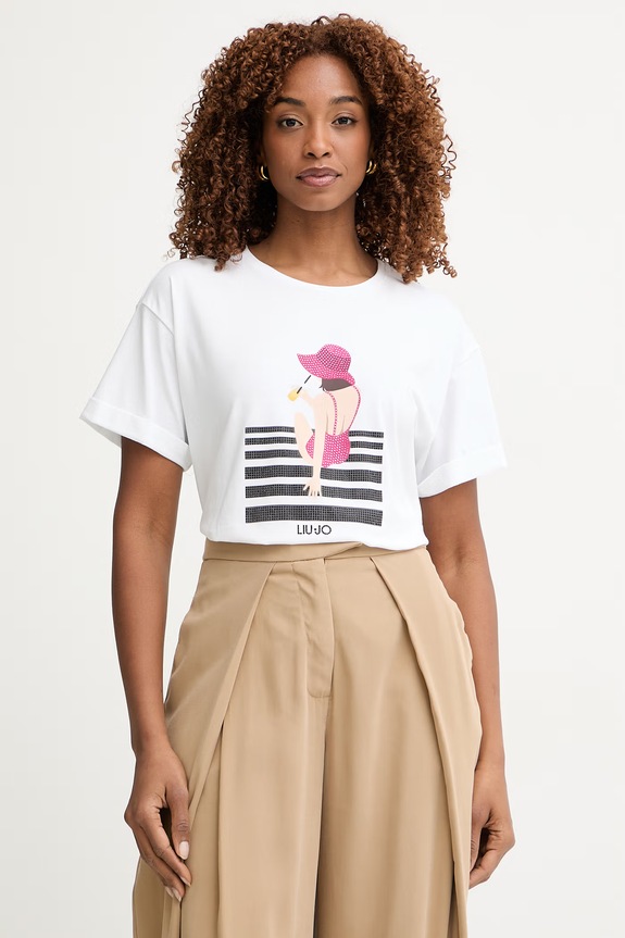 Liu Jo T-shirt damski bawełniany z elastanem biały VA6170.JS003