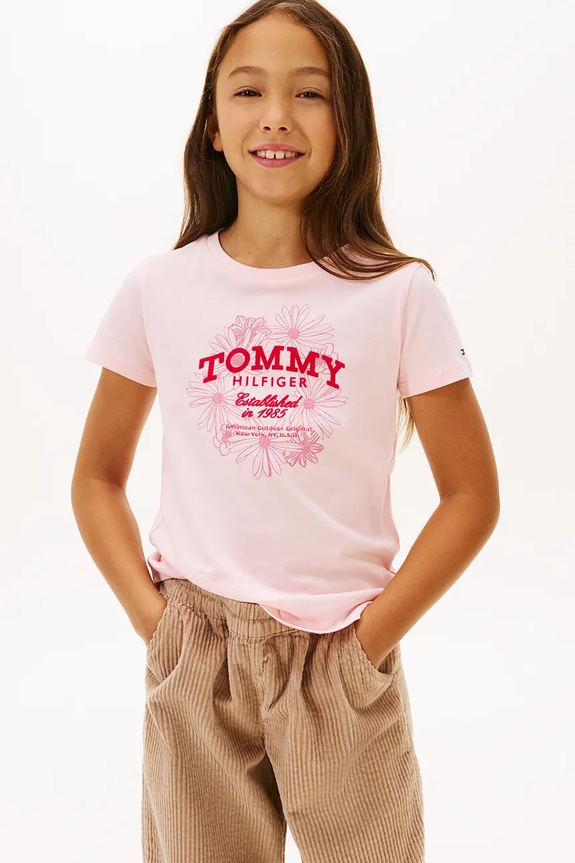 Παιδικό βαμβακερό μπλουζάκι Tommy Hilfiger στάμπα ροζ KG0KG09257.116.122.PPY2