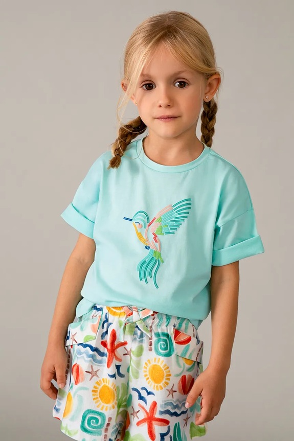 Mayoral t-shirt bawełniany dziecięcy nadruk turkusowy 3016.6K.Mini.PPY2