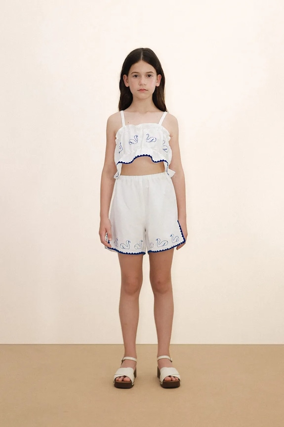 Detský top s prímesou ľanu Tinycottons SWANS BOWS LINEN TOP okrúhly biela SS26.230