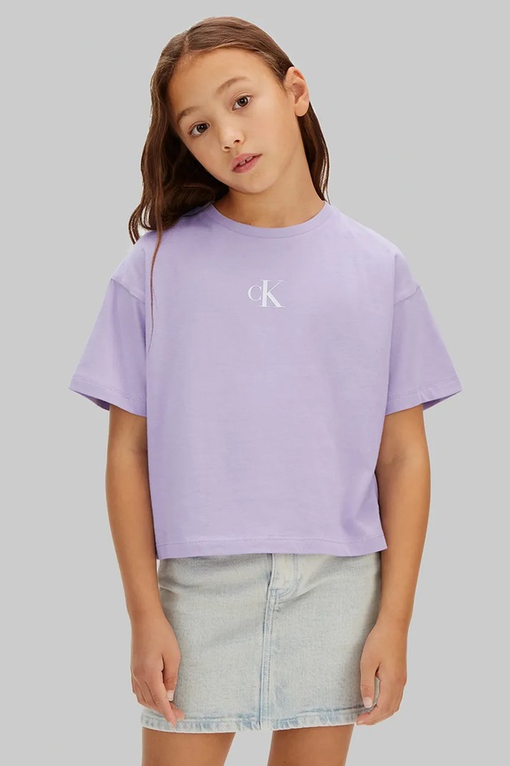 Calvin Klein Jeans T-shirt dziecięcy bawełniany fioletowy LVCKSJA16G.128.176.PPY2