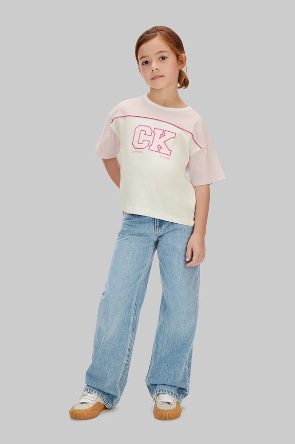 Dziewczynka Calvin Klein Jeans T-shirt dziecięcy bawełniany LVCKSJA26G.104.116.PPY2 beżowy