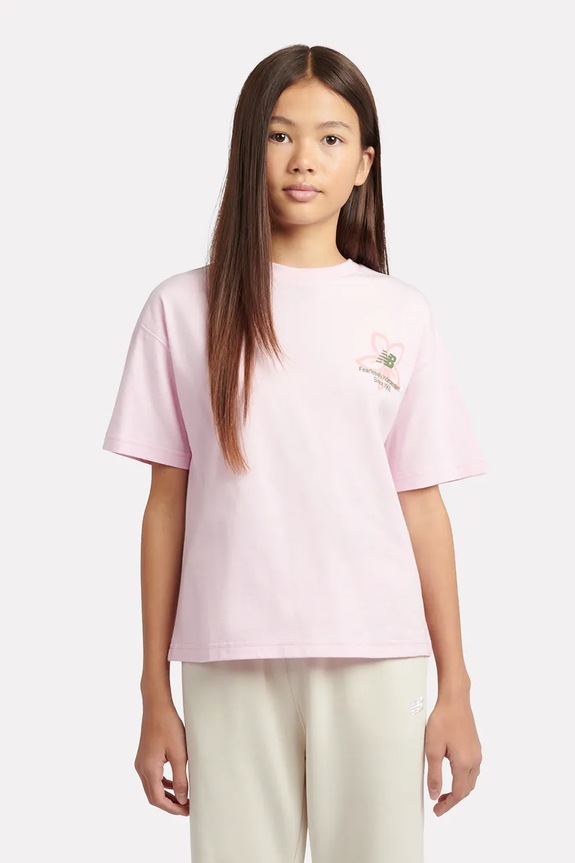 New Balance T-shirt dziecięcy bawełniany YT6124R8 różowy SS26