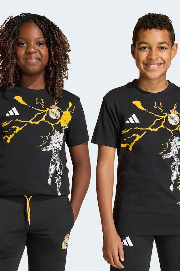 Παιδικό βαμβακερό μπλουζάκι adidas Performance REAL MARVEL στάμπα μαύρο JY5856