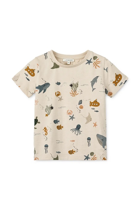 Dječja pamučna majica kratkih rukava Liewood Apia Printed Shortsleeve T-shirt Planet friendly bež LW20670.PPY2