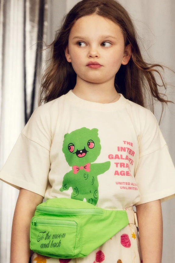 Mini Rodini tricou de bumbac pentru copii Alien travel agency print bej 26220123