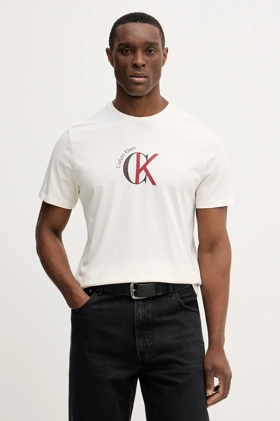 Calvin Klein Jeans t-shirt bawełniany nadruk beżowy LV14RE829G