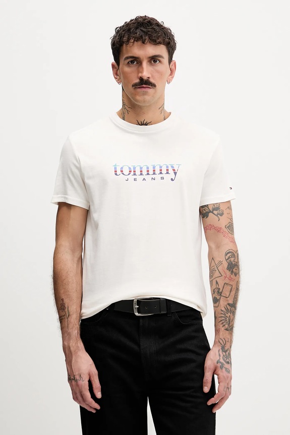 Bavlněné tričko Tommy Jeans potisk béžová DM0DM22333