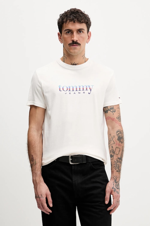 Bavlněné tričko Tommy Jeans potisk béžová DM0DM22333