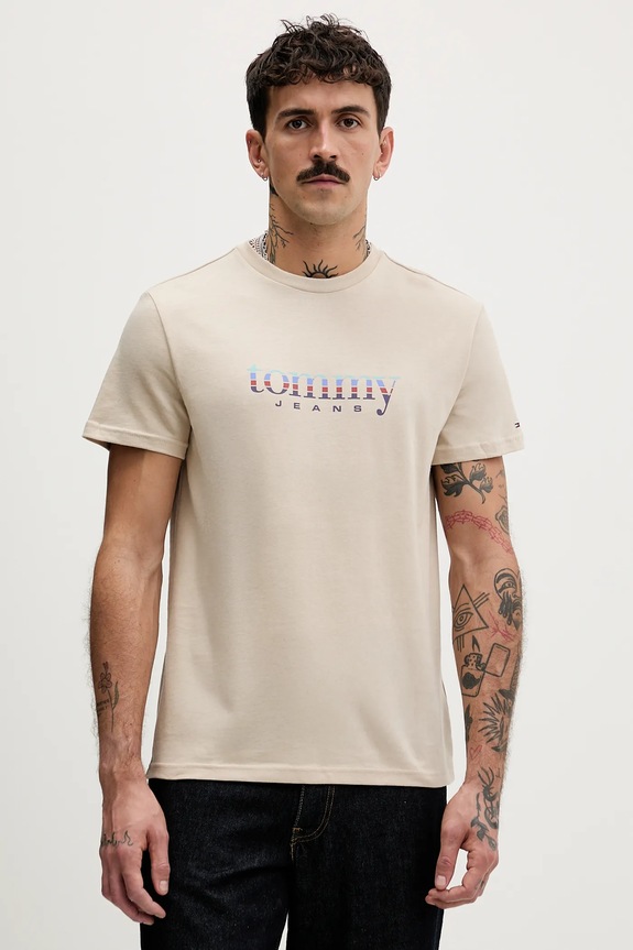 Βαμβακερό μπλουζάκι Tommy Jeans βαμβάκι μπεζ DM0DM22333