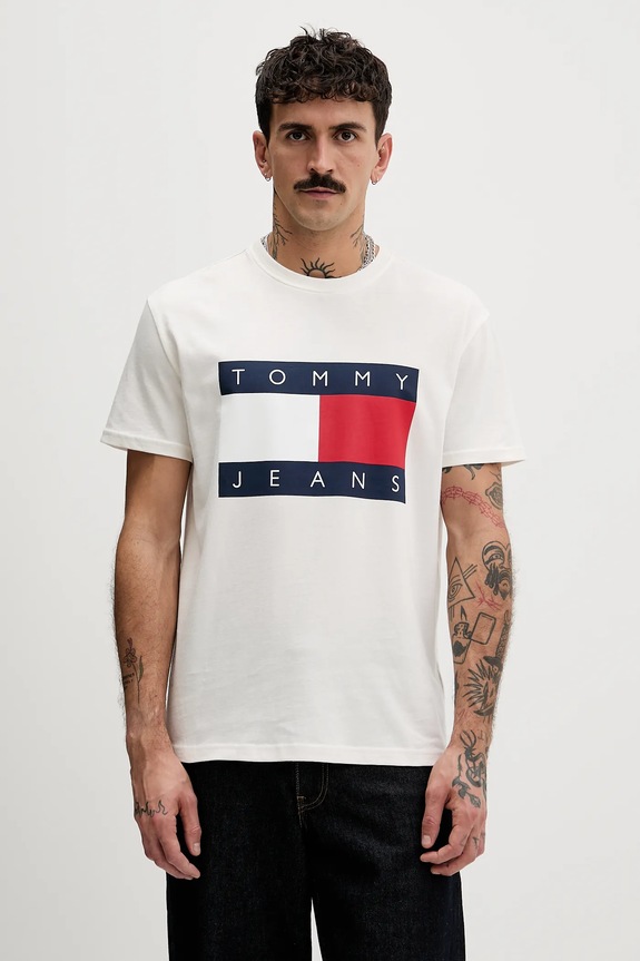 Tommy Jeans T-shirt męski bawełniany nadruk beżowy DM0DM22645
